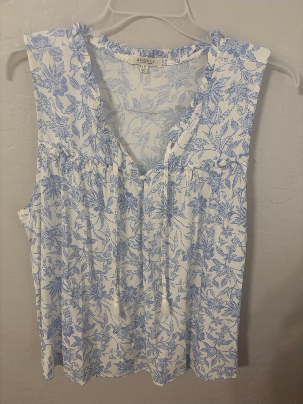 Angels White Camisole with Light Blue Floral Print and Tassel Tie